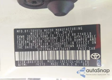 2021 Toyota Corolla Le from USA, damaged, VIN 5YFEPMAE6MP236487